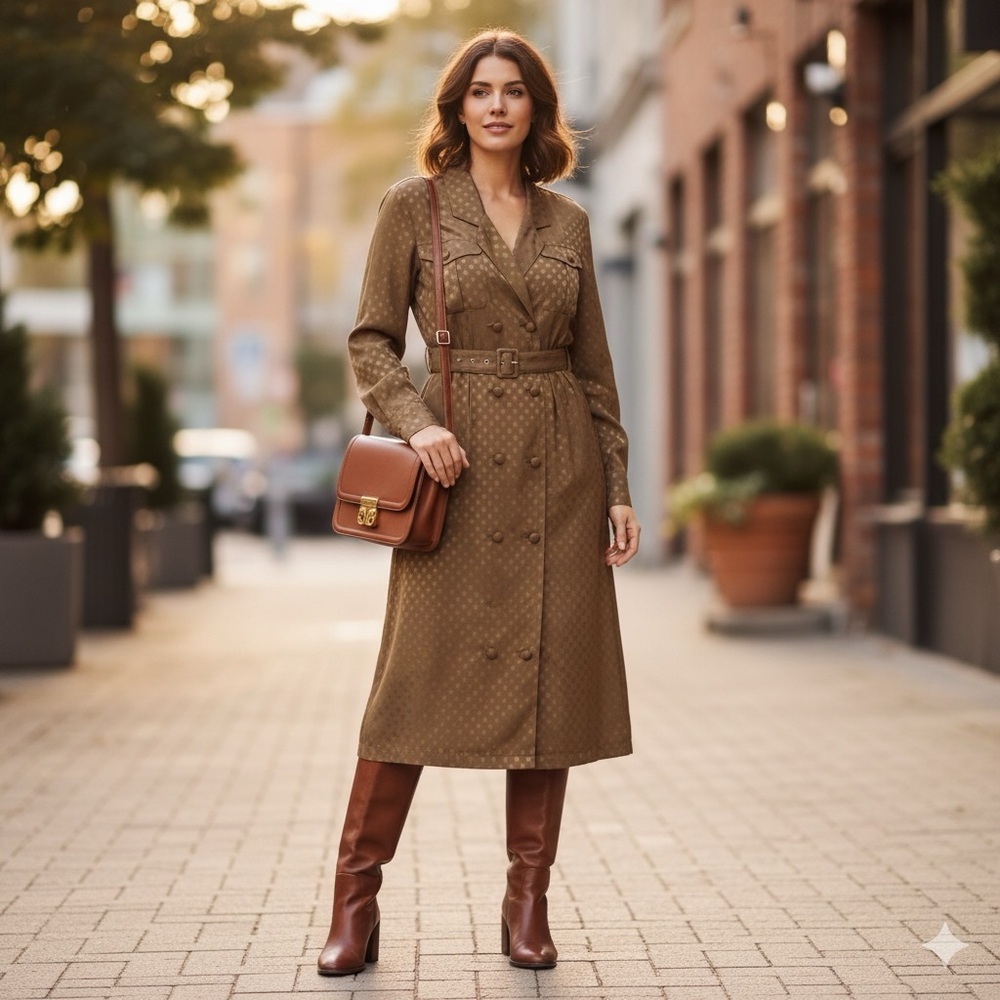 Alexon Olive Brown Long Sleeve Vintage Double Breast Mid Length Dress